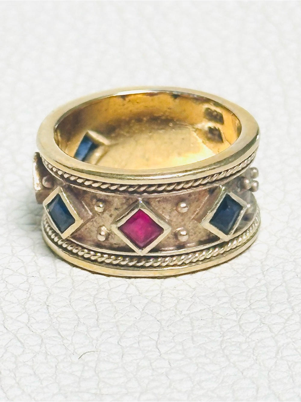 Vintage Etruscan/Byzantine Style Pink & Blue Square Sapphire Band Ring